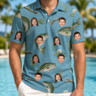 Model wearing Men's Pond Prowlers Custom Face Polo Shirt printed with kids' faces