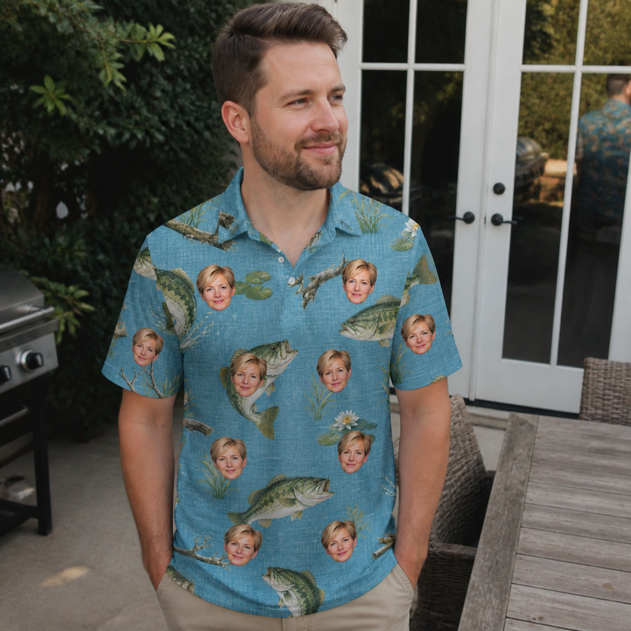 Real-life photo of someone wearing Men's Pond Prowlers Custom Face Polo Shirt — custom faces printed all-over