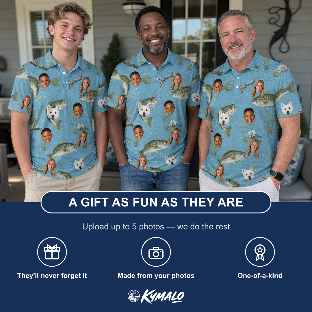 Friends in matching Men's Pond Prowlers Custom Face Polo Shirt — a group gift photo