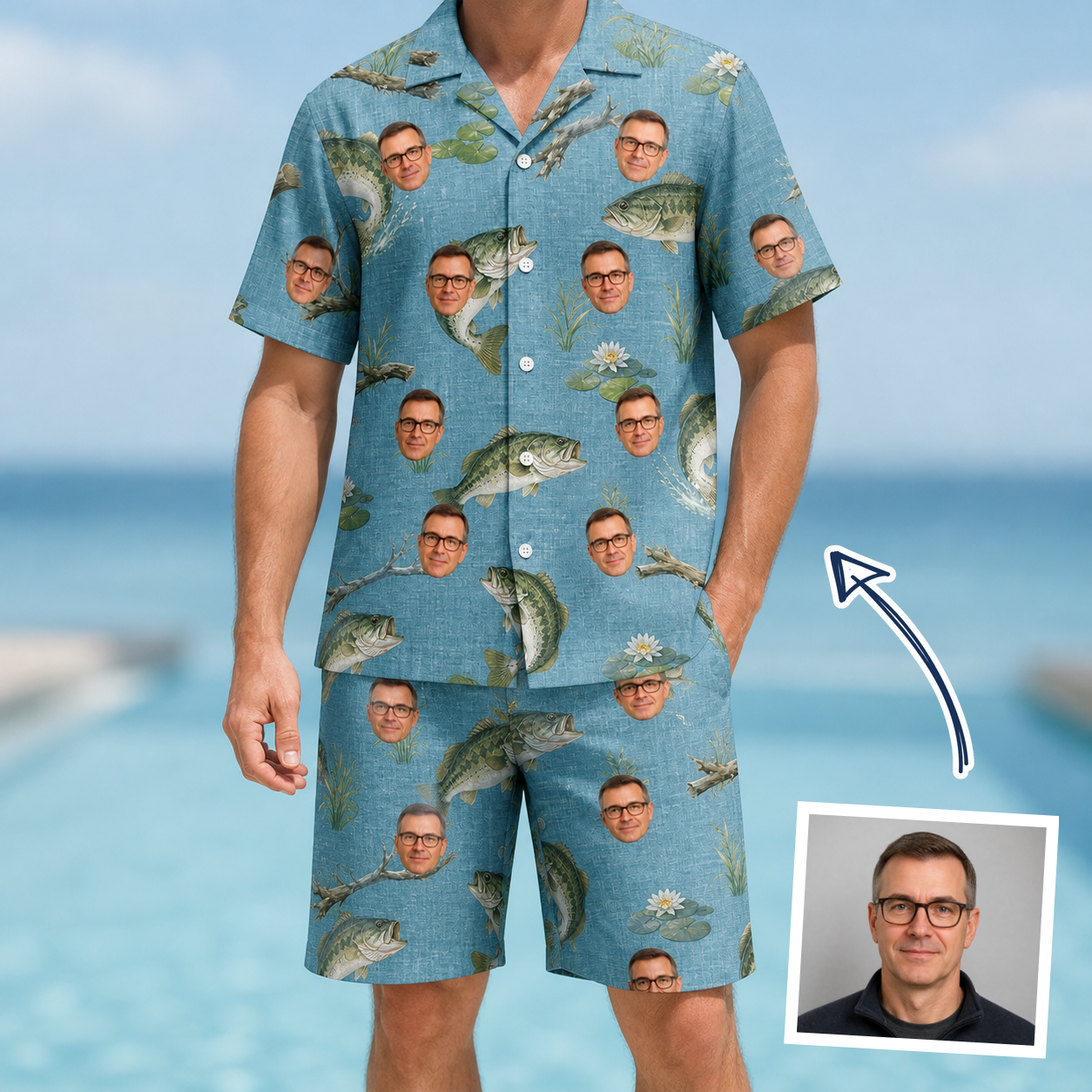 Man wearing Men's Pond Prowlers Custom Face Shirt & Shorts Set — custom faces printed all-over