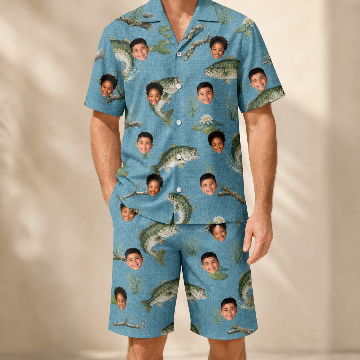 Model wearing Men's Pond Prowlers Custom Face Shirt & Shorts Set printed with kids' faces