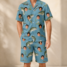 Model wearing Men's Pond Prowlers Custom Face Shirt & Shorts Set printed with kids' faces