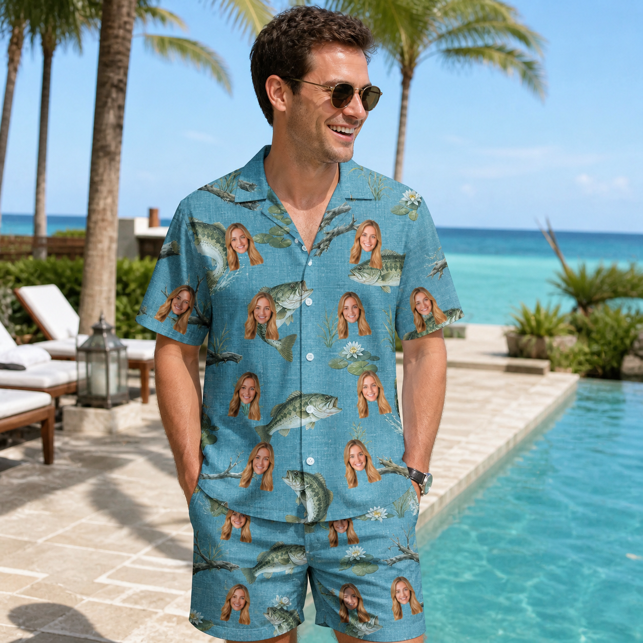 Real-life photo of someone wearing Men's Pond Prowlers Custom Face Shirt & Shorts Set — custom faces printed all-over
