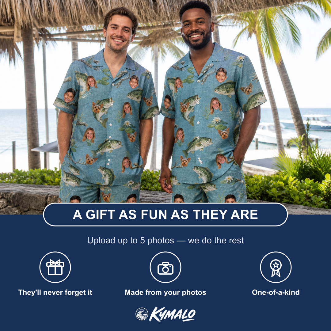 Friends in matching Men's Pond Prowlers Custom Face Shirt & Shorts Set — a group gift photo