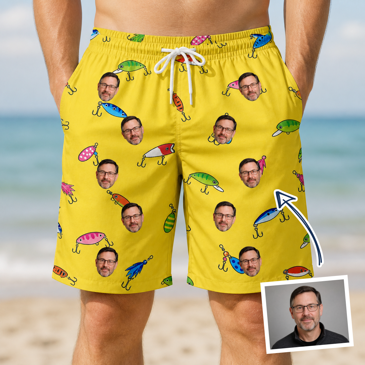 Man wearing Men's Twitchy Treasures Custom Face Beach Shorts — custom faces printed all-over