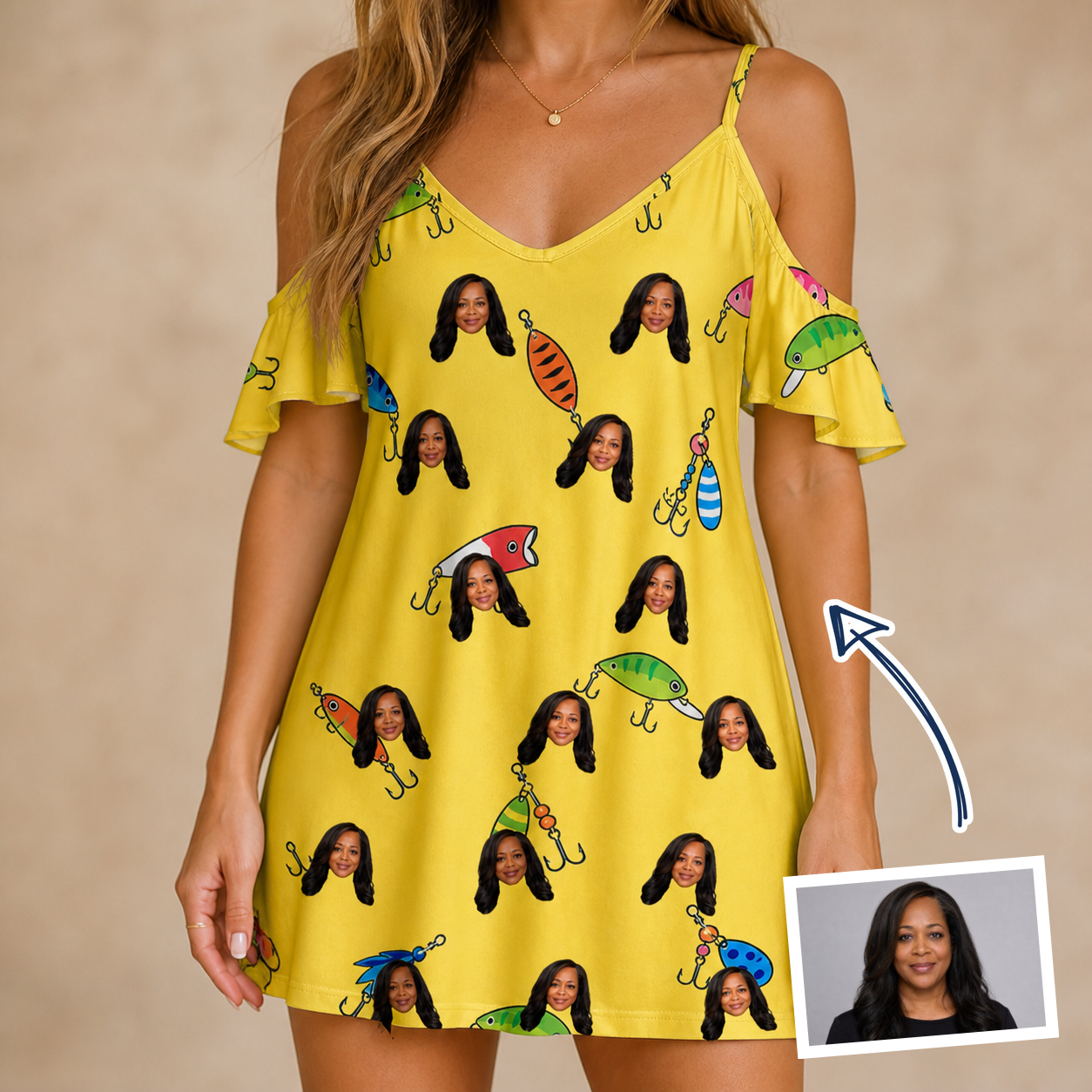 Woman wearing Women's Twitchy Treasures Custom Face Off-Shoulder Dress — custom faces printed all-over