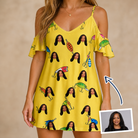 Woman wearing Women's Twitchy Treasures Custom Face Off-Shoulder Dress — custom faces printed all-over