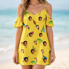 Model wearing Women's Twitchy Treasures Custom Face Off-Shoulder Dress printed with kids' faces
