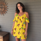 Real-life photo of someone wearing Women's Twitchy Treasures Custom Face Off-Shoulder Dress — custom faces printed all-over