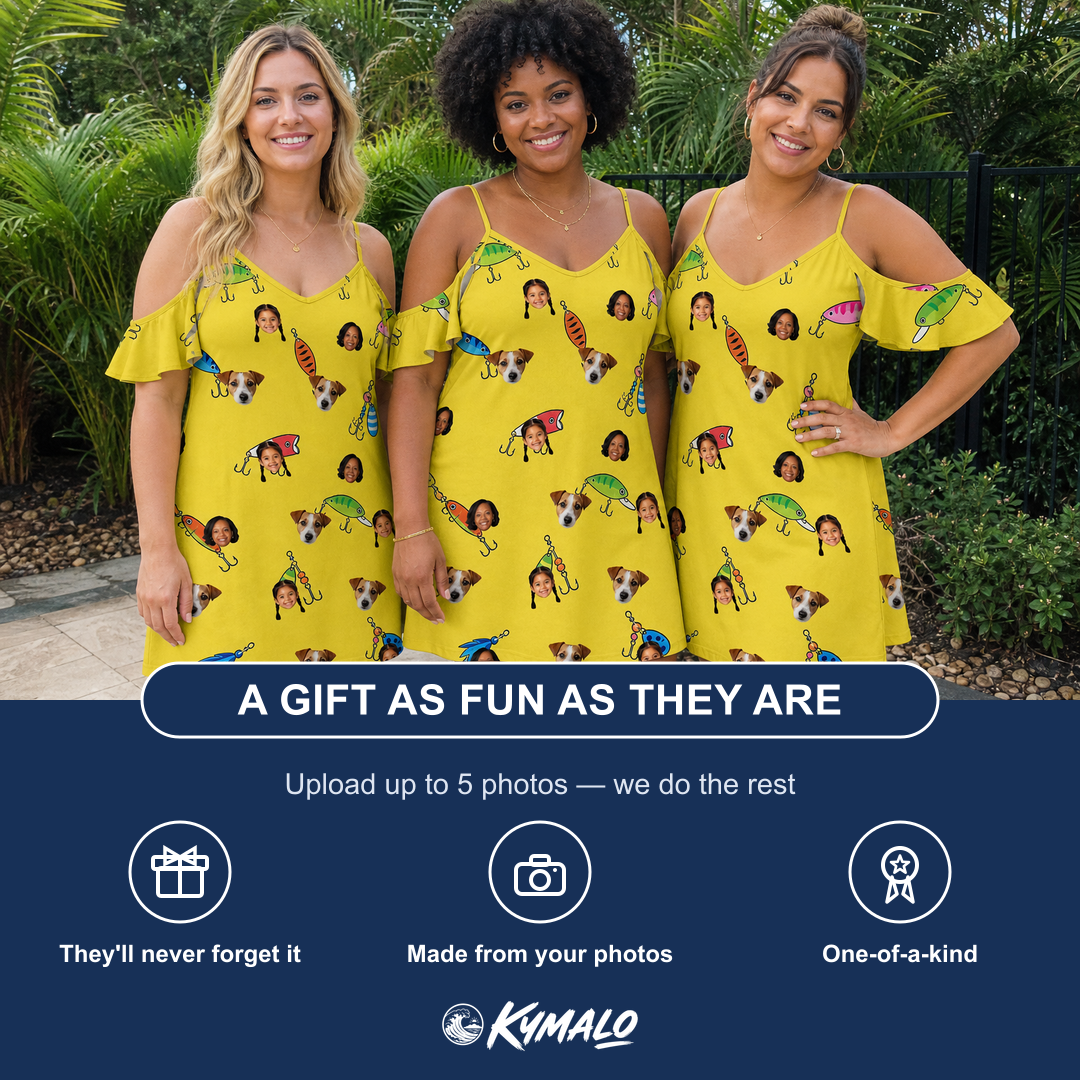 Friends in matching Women's Twitchy Treasures Custom Face Off-Shoulder Dress — a group gift photo