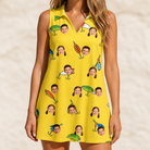 Model wearing Women's Twitchy Treasures Custom Face V-Neck Dress printed with kids' faces