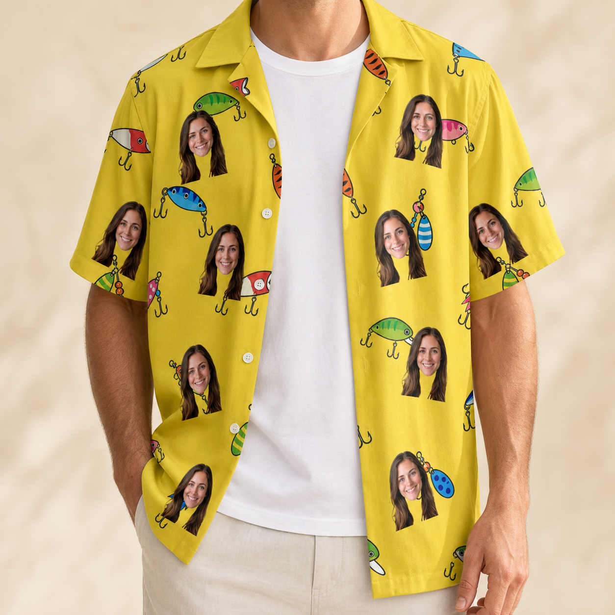 Man wearing Men's Twitchy Treasures Custom Face Hawaiian Shirt open over a white tee