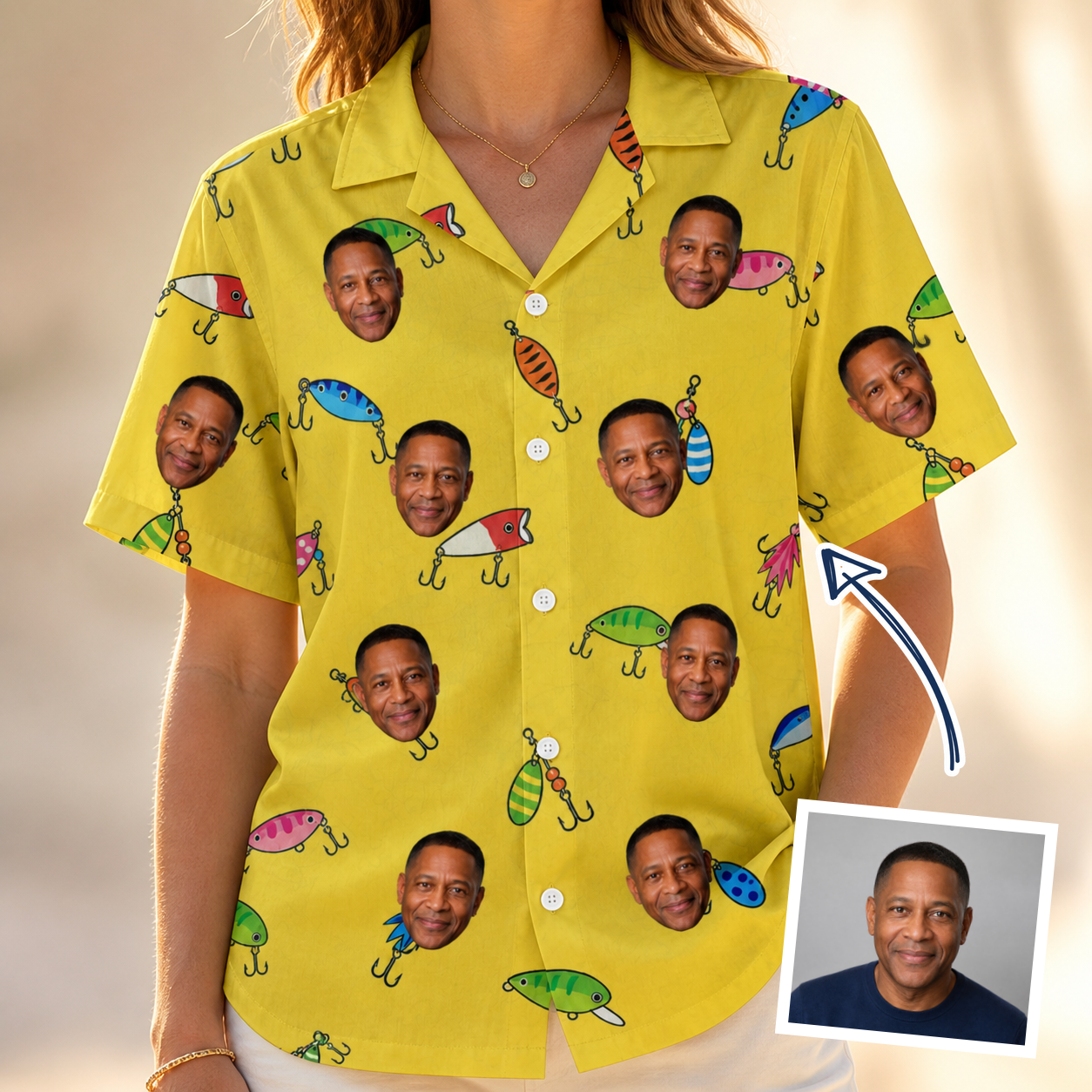 Woman wearing Women's Twitchy Treasures Custom Face Hawaiian Shirt — custom faces printed all-over