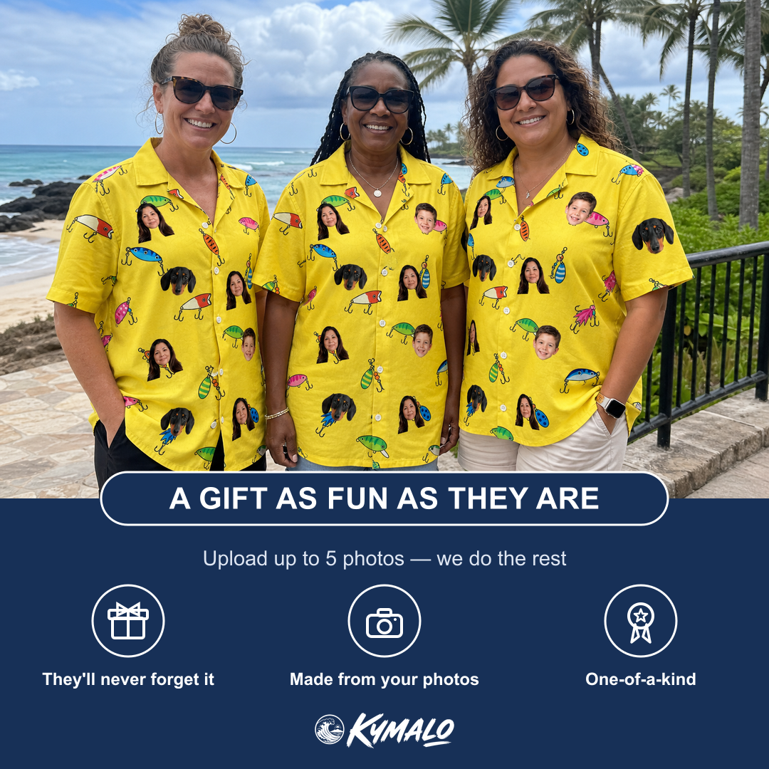 Friends in matching Women's Twitchy Treasures Custom Face Hawaiian Shirt — a group gift photo