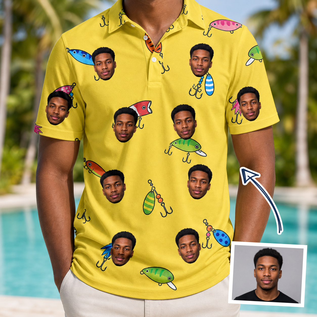 Man wearing Men's Twitchy Treasures Custom Face Polo Shirt — custom faces printed all-over