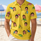 Model wearing Men's Twitchy Treasures Custom Face Polo Shirt printed with kids' faces