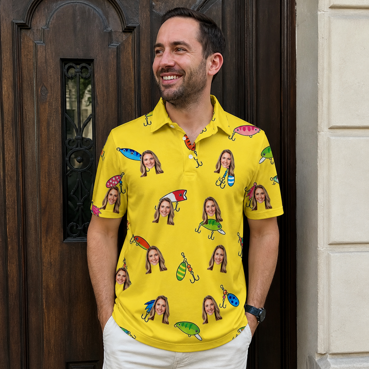 Real-life photo of someone wearing Men's Twitchy Treasures Custom Face Polo Shirt — custom faces printed all-over