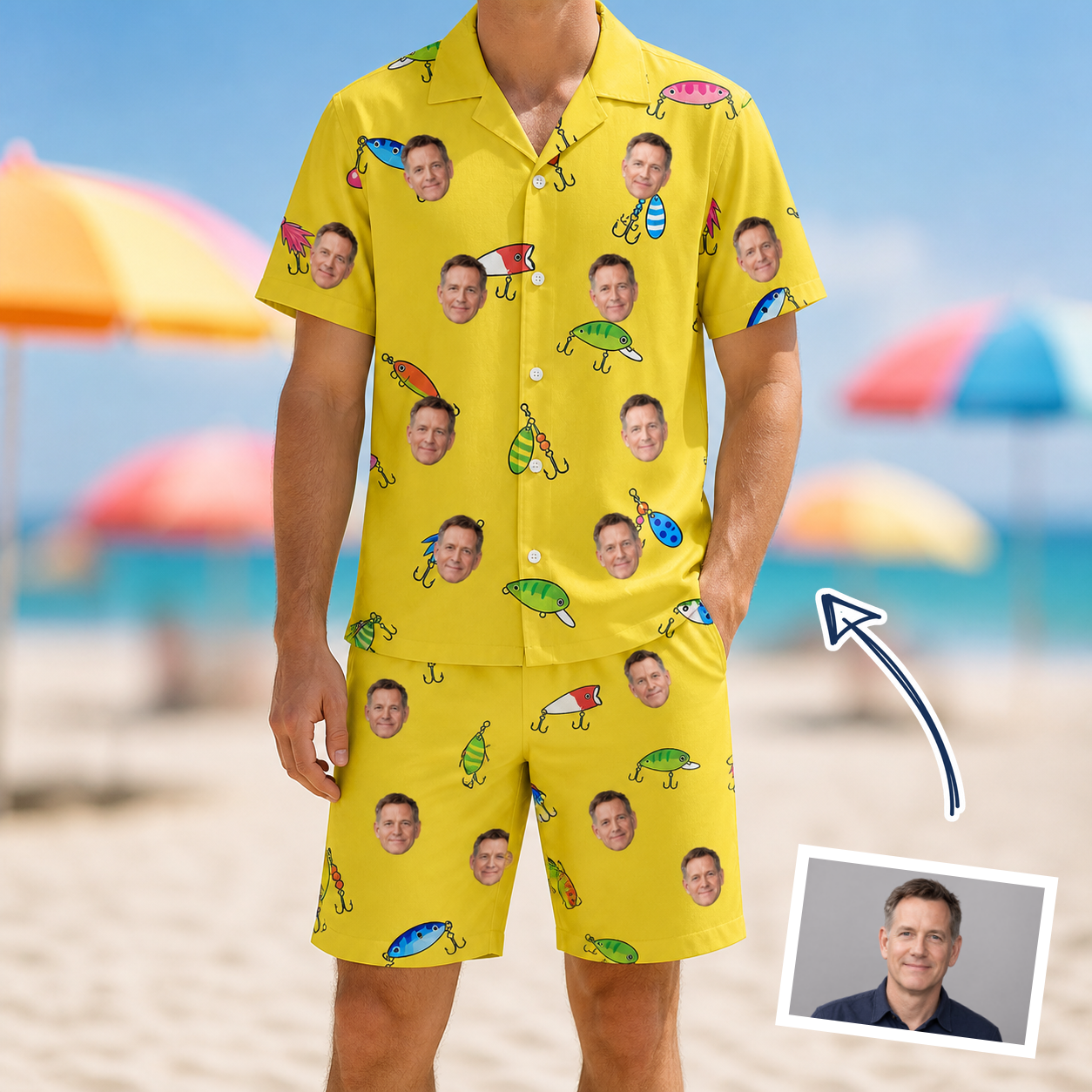 Man wearing Men's Twitchy Treasures Custom Face Shirt & Shorts Set — custom faces printed all-over
