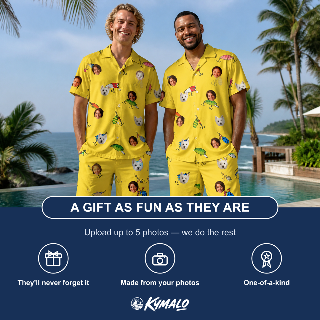 Friends in matching Men's Twitchy Treasures Custom Face Shirt & Shorts Set — a group gift photo