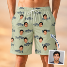 Man wearing Men's Gill Giggles Custom Face Beach Shorts — custom faces printed all-over