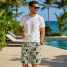 Real-life photo of someone wearing Men's Gill Giggles Custom Face Beach Shorts — custom faces printed all-over