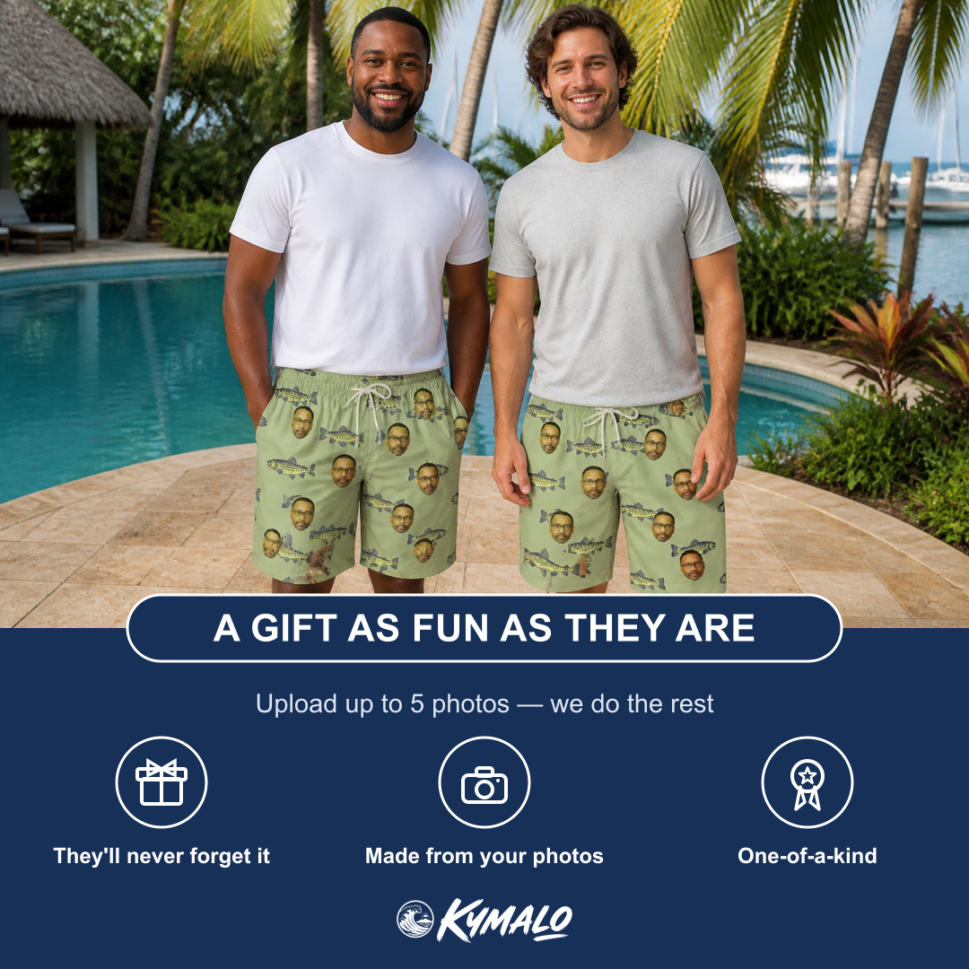 Friends in matching Men's Gill Giggles Custom Face Beach Shorts — a group gift photo