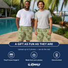 Friends in matching Men's Gill Giggles Custom Face Beach Shorts — a group gift photo