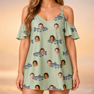 Model wearing Women's Gill Giggles Custom Face Off-Shoulder Dress printed with kids' faces