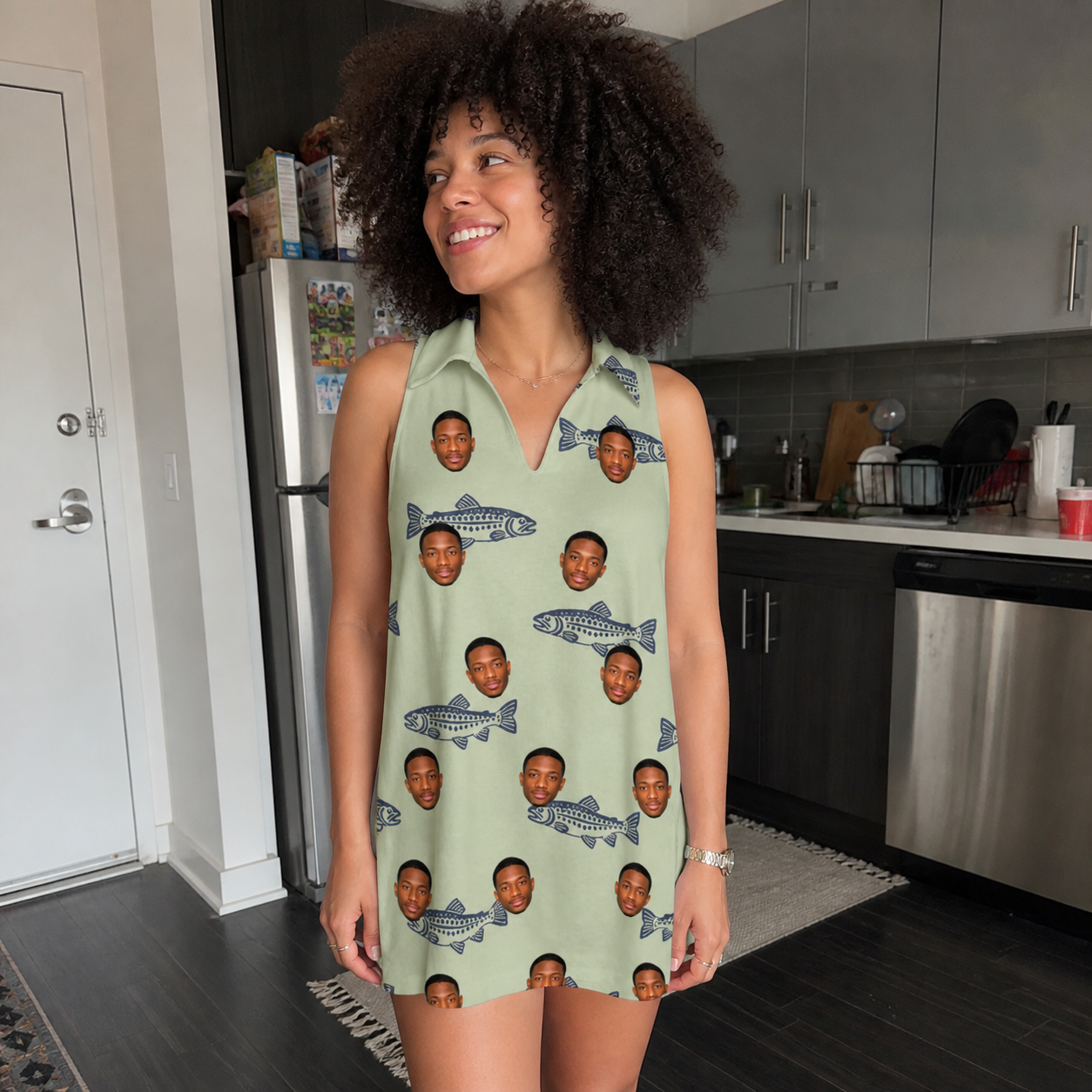 Real-life photo of someone wearing Women's Gill Giggles Custom Face V-Neck Dress — custom faces printed all-over