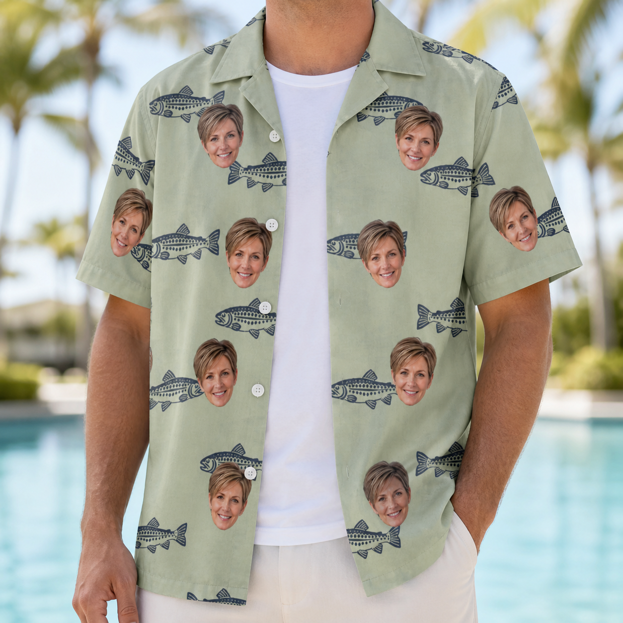 Man wearing Men's Gill Giggles Custom Face Hawaiian Shirt open over a white tee