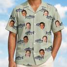 Model wearing Men's Gill Giggles Custom Face Hawaiian Shirt printed with kids' faces