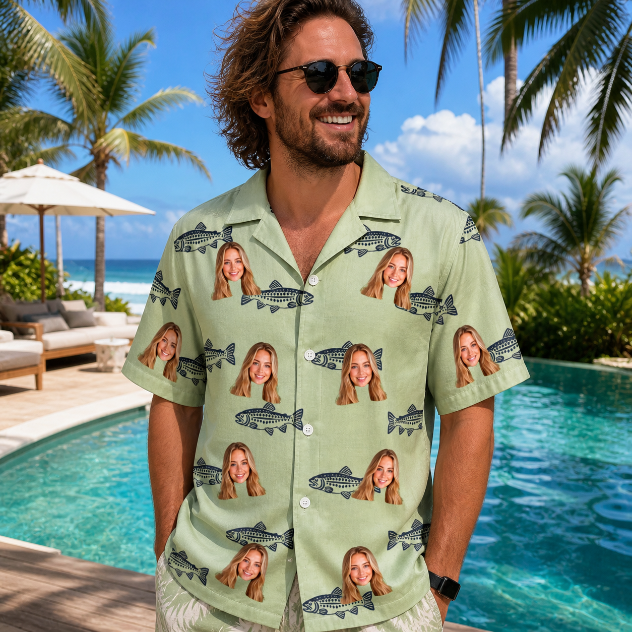Real-life photo of someone wearing Men's Gill Giggles Custom Face Hawaiian Shirt — custom faces printed all-over