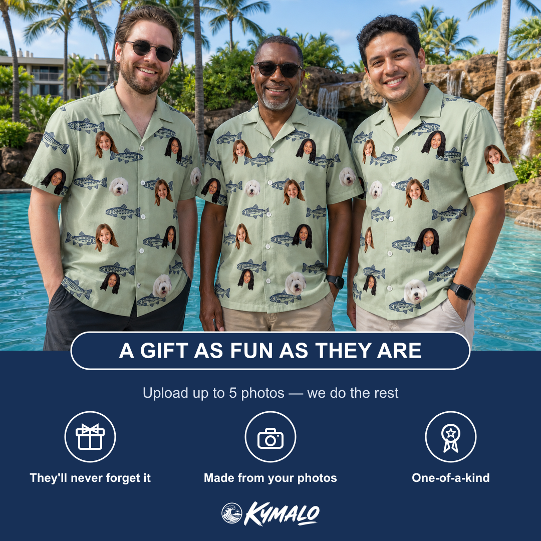 Friends in matching Men's Gill Giggles Custom Face Hawaiian Shirt — a group gift photo