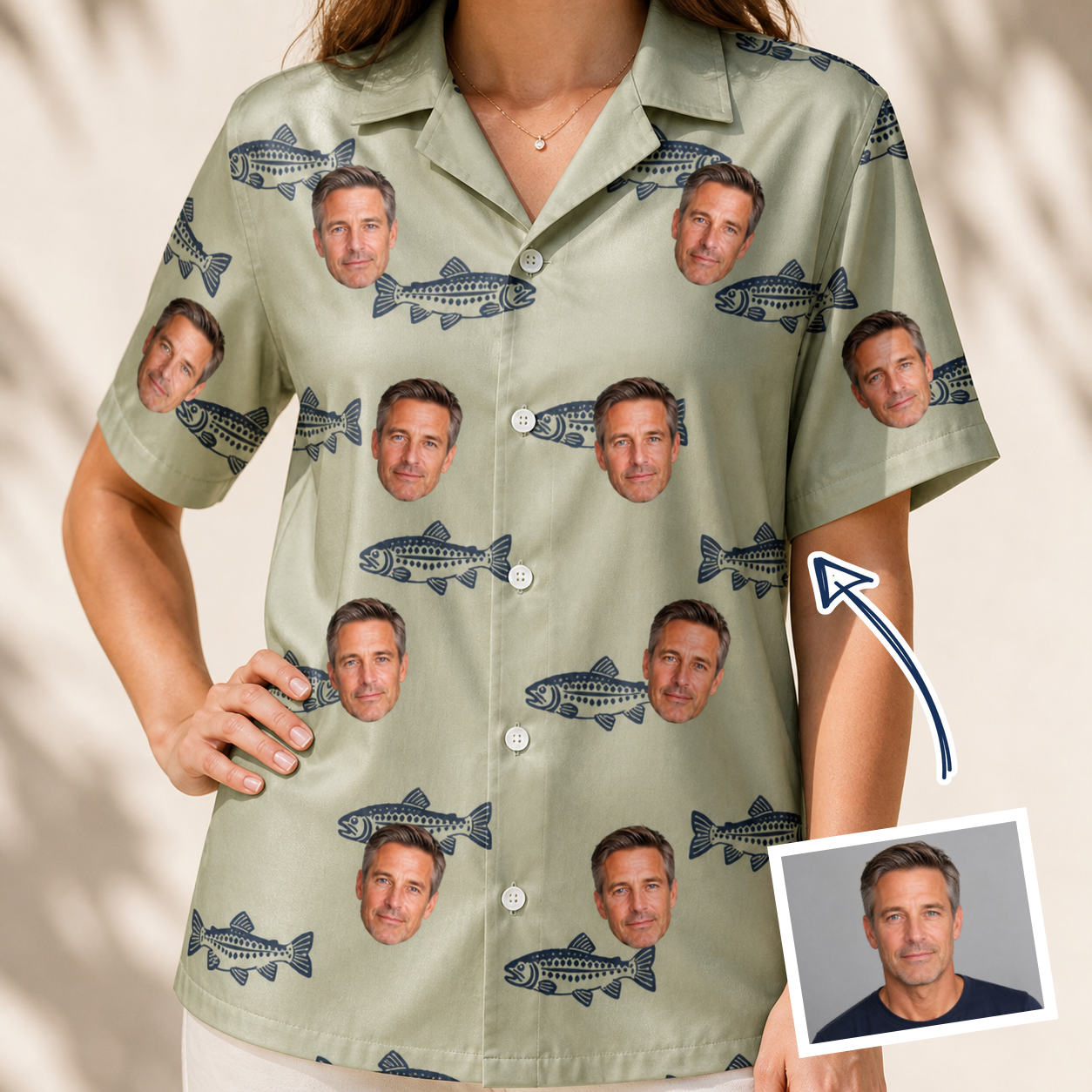 Woman wearing Women's Gill Giggles Custom Face Hawaiian Shirt — custom faces printed all-over