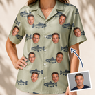 Woman wearing Women's Gill Giggles Custom Face Hawaiian Shirt — custom faces printed all-over