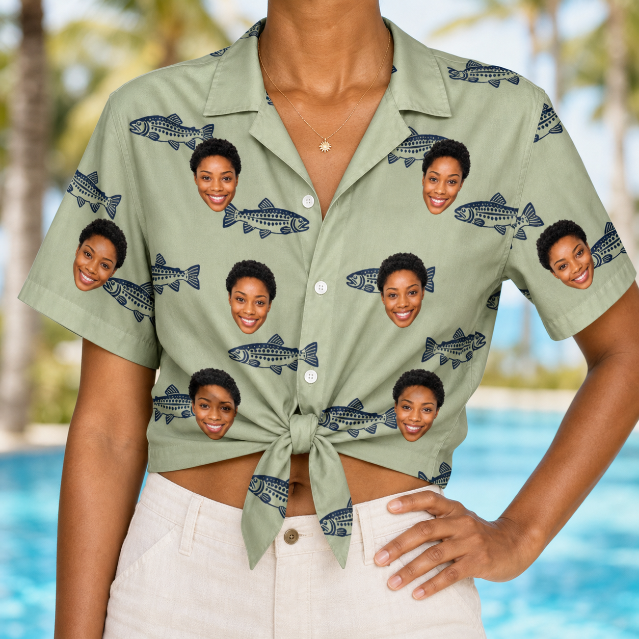 Woman wearing Women's Gill Giggles Custom Face Hawaiian Shirt tied at the waist
