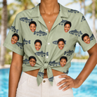 Woman wearing Women's Gill Giggles Custom Face Hawaiian Shirt tied at the waist