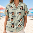 Model wearing Women's Gill Giggles Custom Face Hawaiian Shirt printed with kids' faces