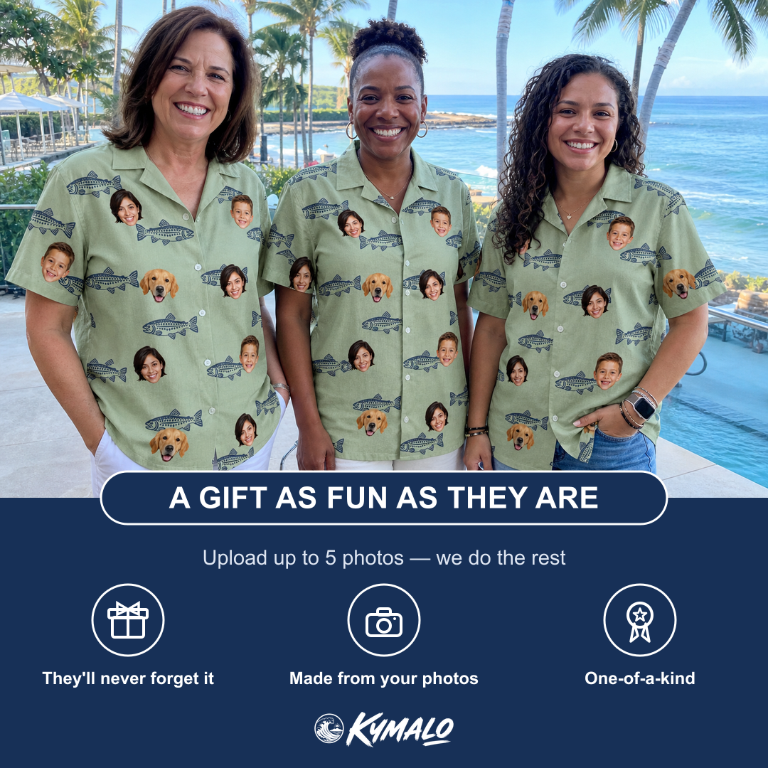 Friends in matching Women's Gill Giggles Custom Face Hawaiian Shirt — a group gift photo