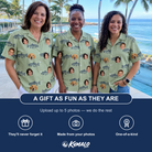 Friends in matching Women's Gill Giggles Custom Face Hawaiian Shirt — a group gift photo