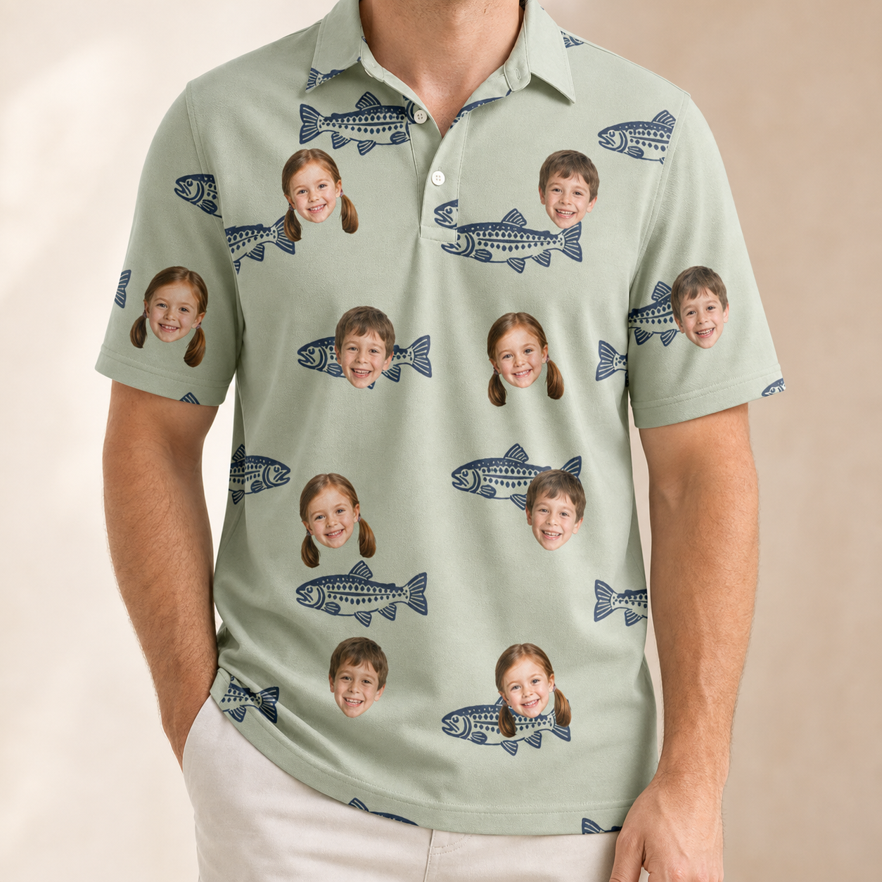 Model wearing Men's Gill Giggles Custom Face Polo Shirt printed with kids' faces