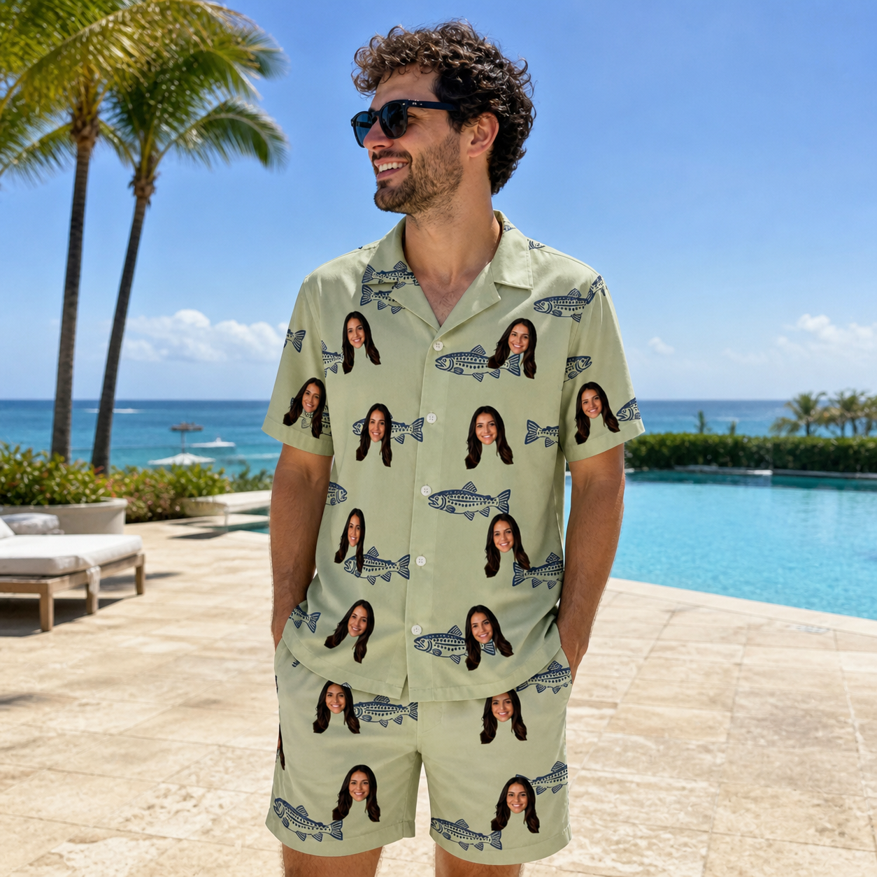 Real-life photo of someone wearing Men's Gill Giggles Custom Face Shirt & Shorts Set — custom faces printed all-over