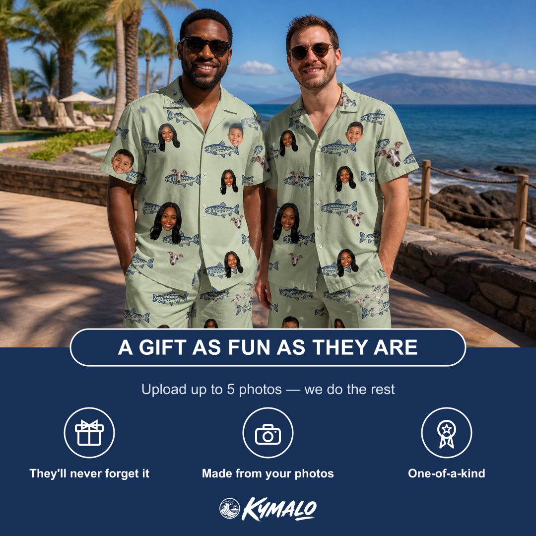 Friends in matching Men's Gill Giggles Custom Face Shirt & Shorts Set — a group gift photo