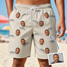 Man wearing Men's Lunker Lunacy Custom Face Beach Shorts — custom faces printed all-over