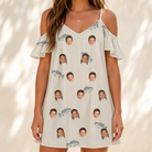 Model wearing Women's Lunker Lunacy Custom Face Off-Shoulder Dress printed with kids' faces