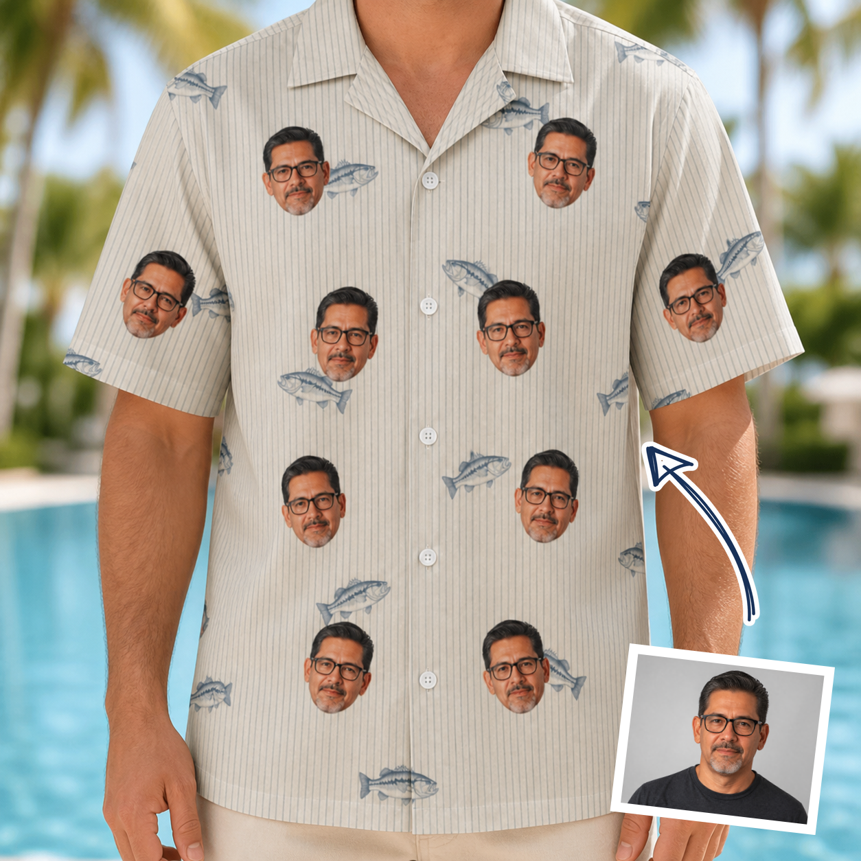Man wearing Men's Lunker Lunacy Custom Face Hawaiian Shirt — custom faces printed all-over