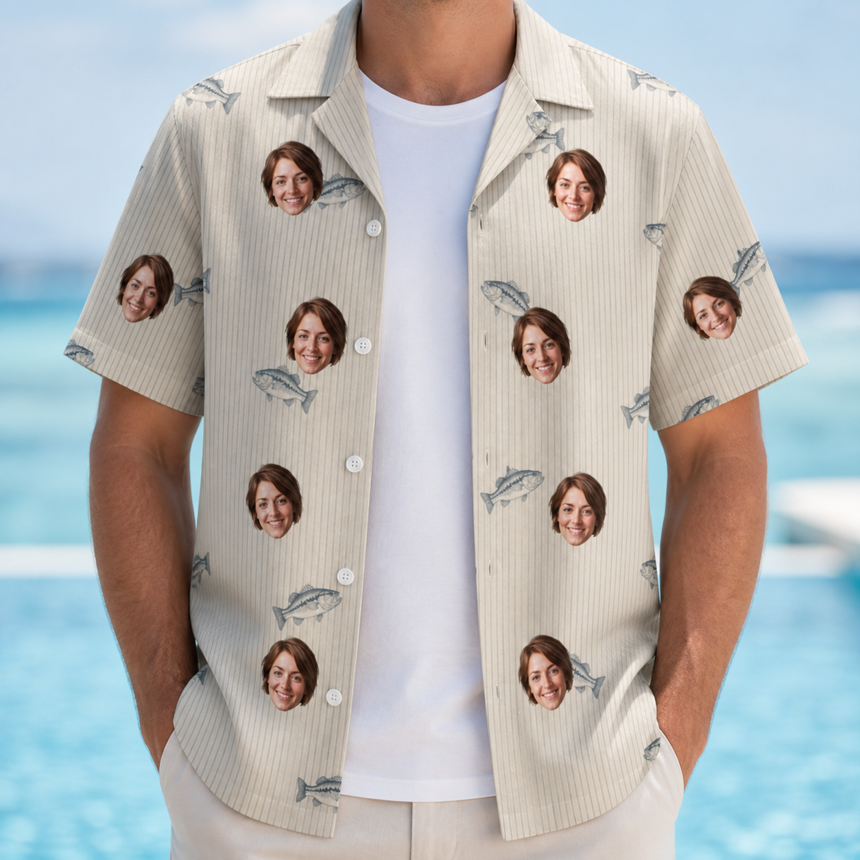 Man wearing Men's Lunker Lunacy Custom Face Hawaiian Shirt open over a white tee