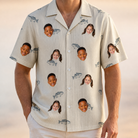 Model wearing Men's Lunker Lunacy Custom Face Hawaiian Shirt printed with kids' faces