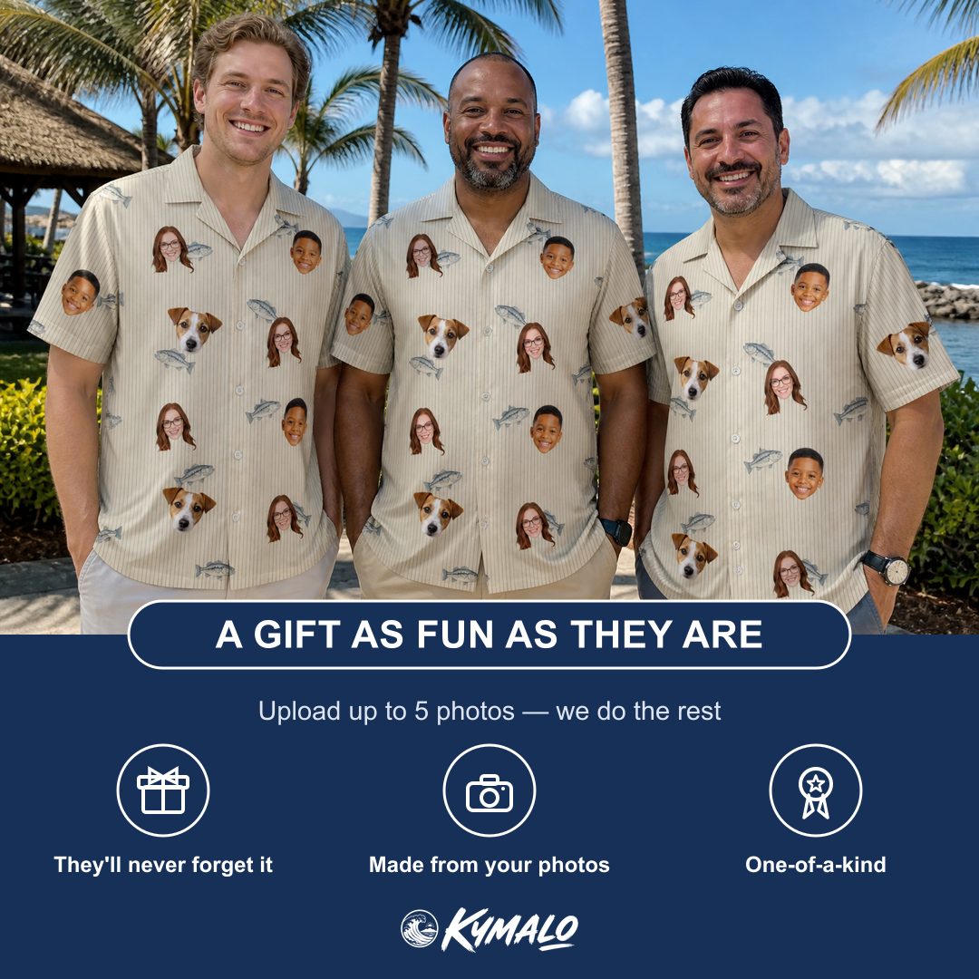 Friends in matching Men's Lunker Lunacy Custom Face Hawaiian Shirt — a group gift photo