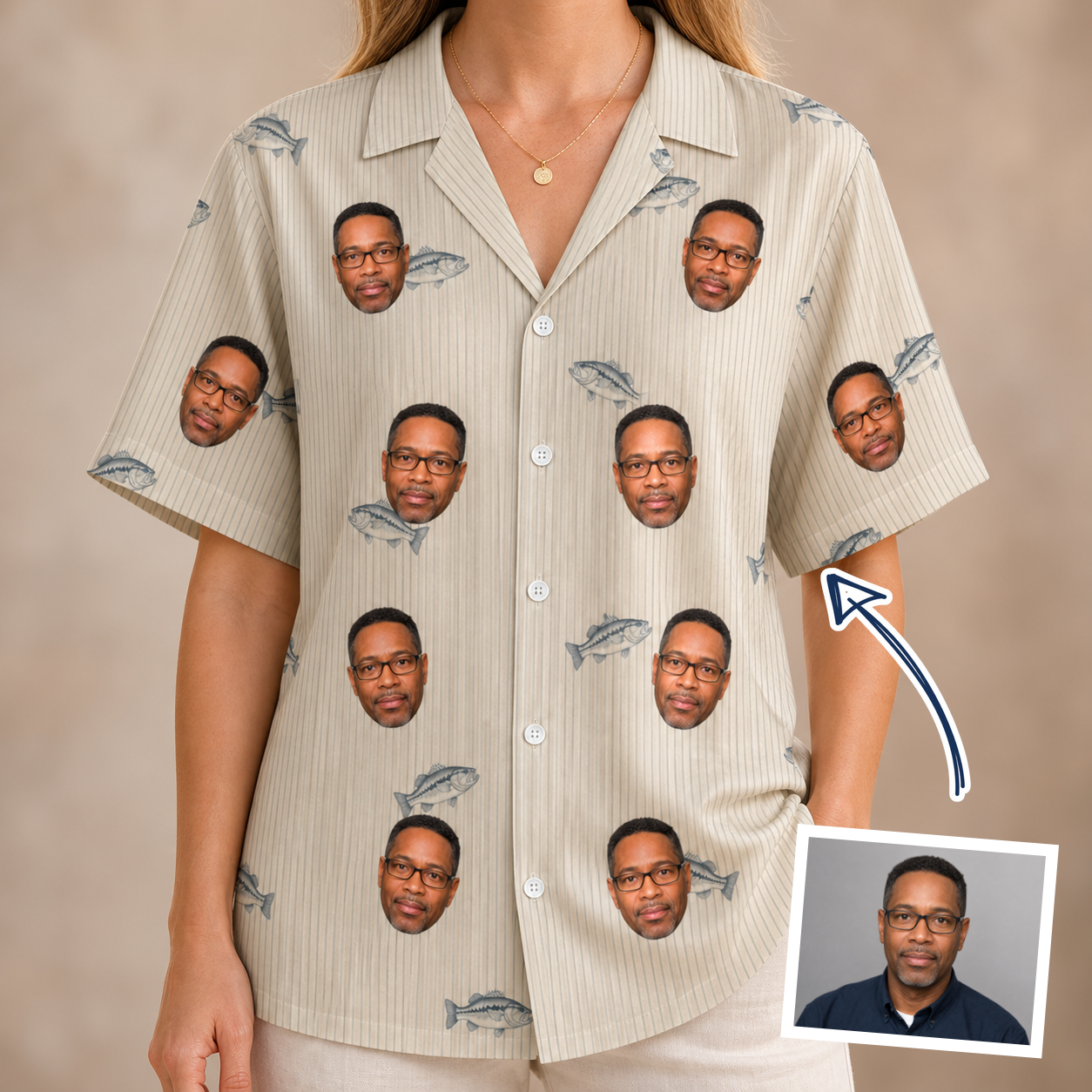 Woman wearing Women's Lunker Lunacy Custom Face Hawaiian Shirt — custom faces printed all-over